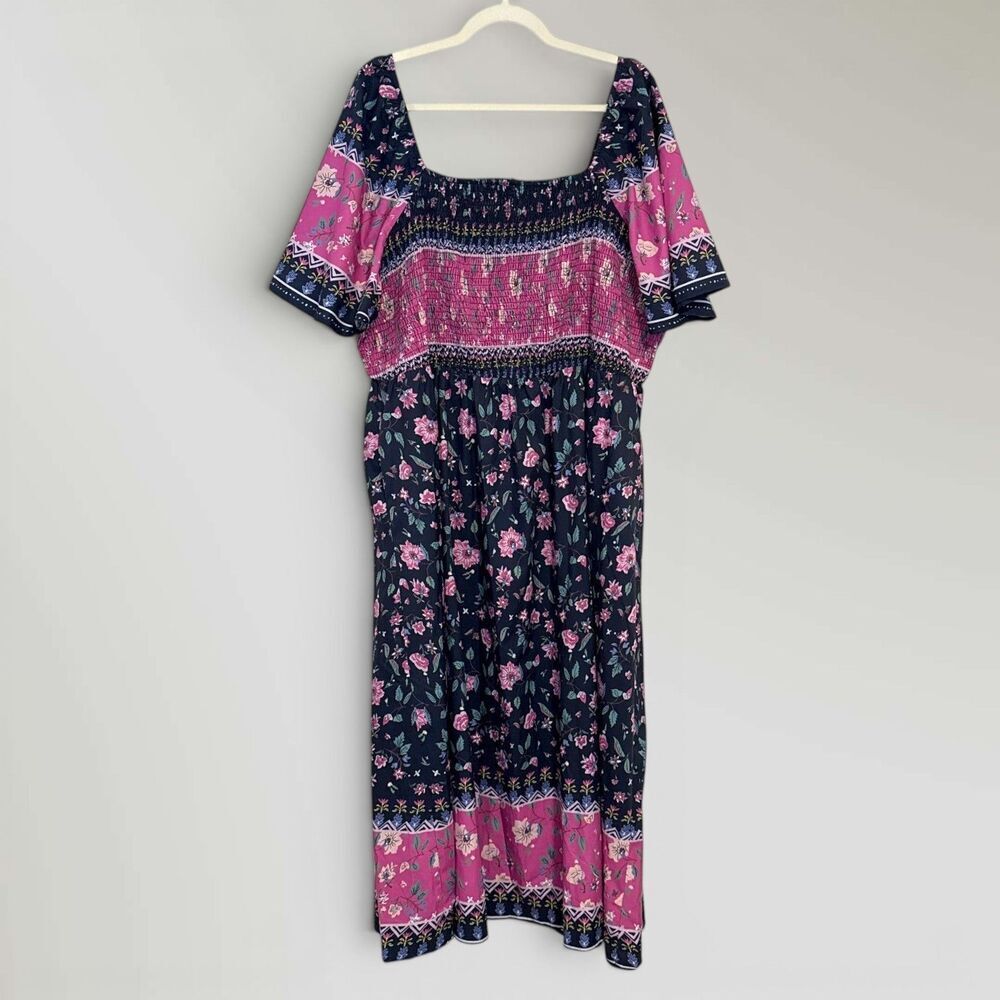 Bloom Chic Ditsy Floral Midi Dress Ruffle Sleeve Navy Cottage Peasant Size 22-24